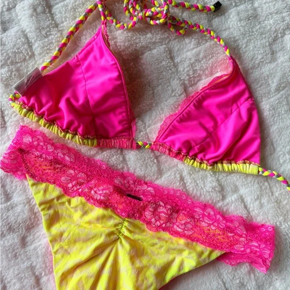 Beach Bunny Neon Dream bikini set XL neon green pink leopard lace - Picture 3 of 7